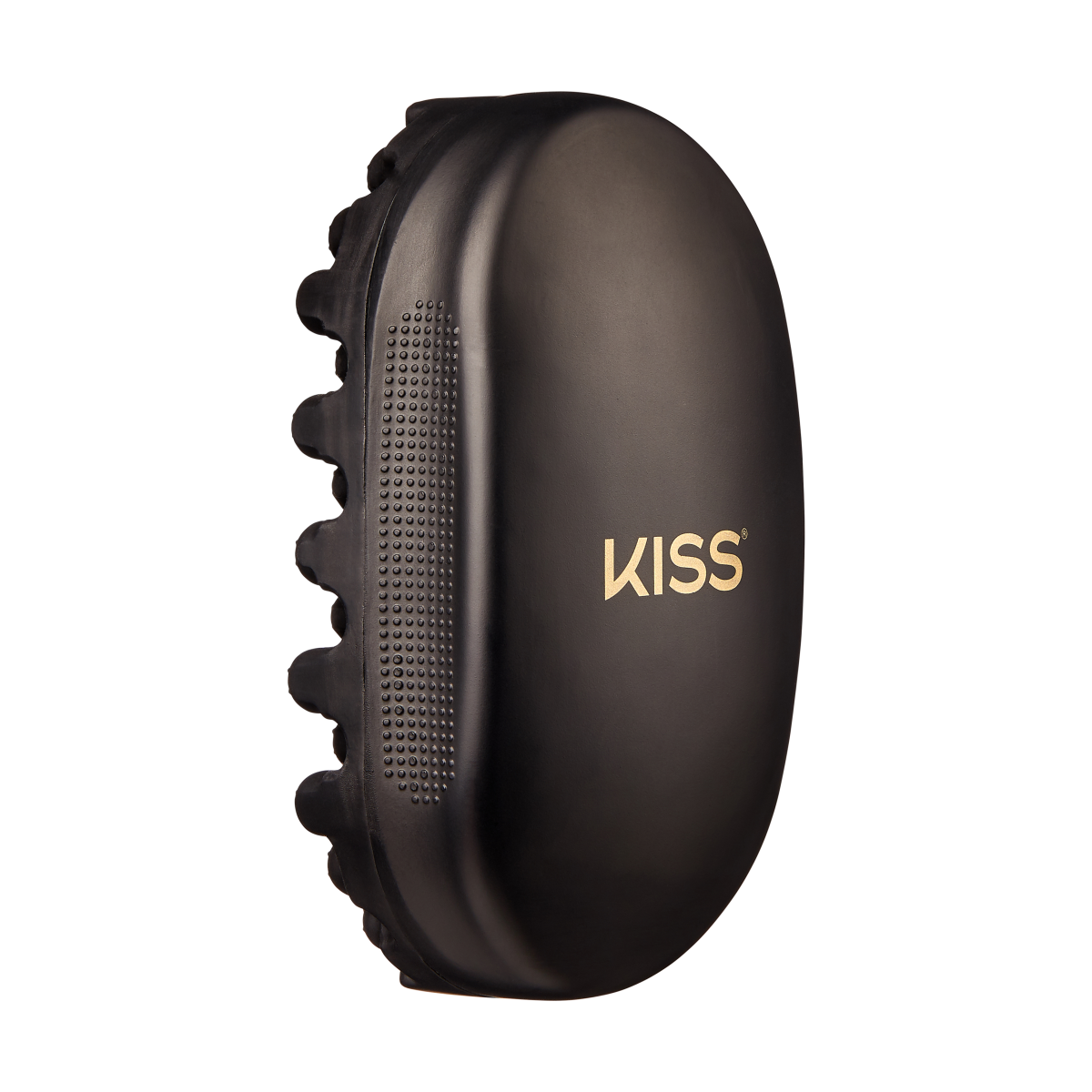 Black handheld scalp brush with textured grip and curved edges, featuring \