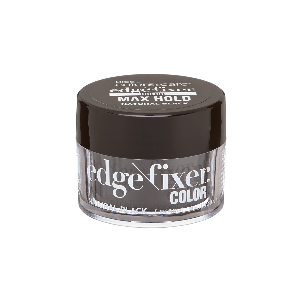 Small transparent jar with a dark brown lid, labeled \