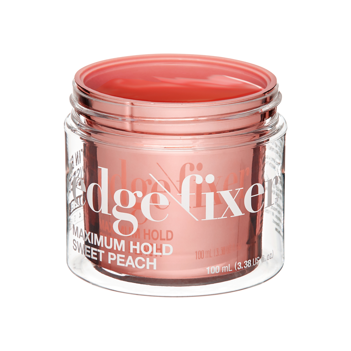 Clear jar with peach-colored styling gel inside, labeled \