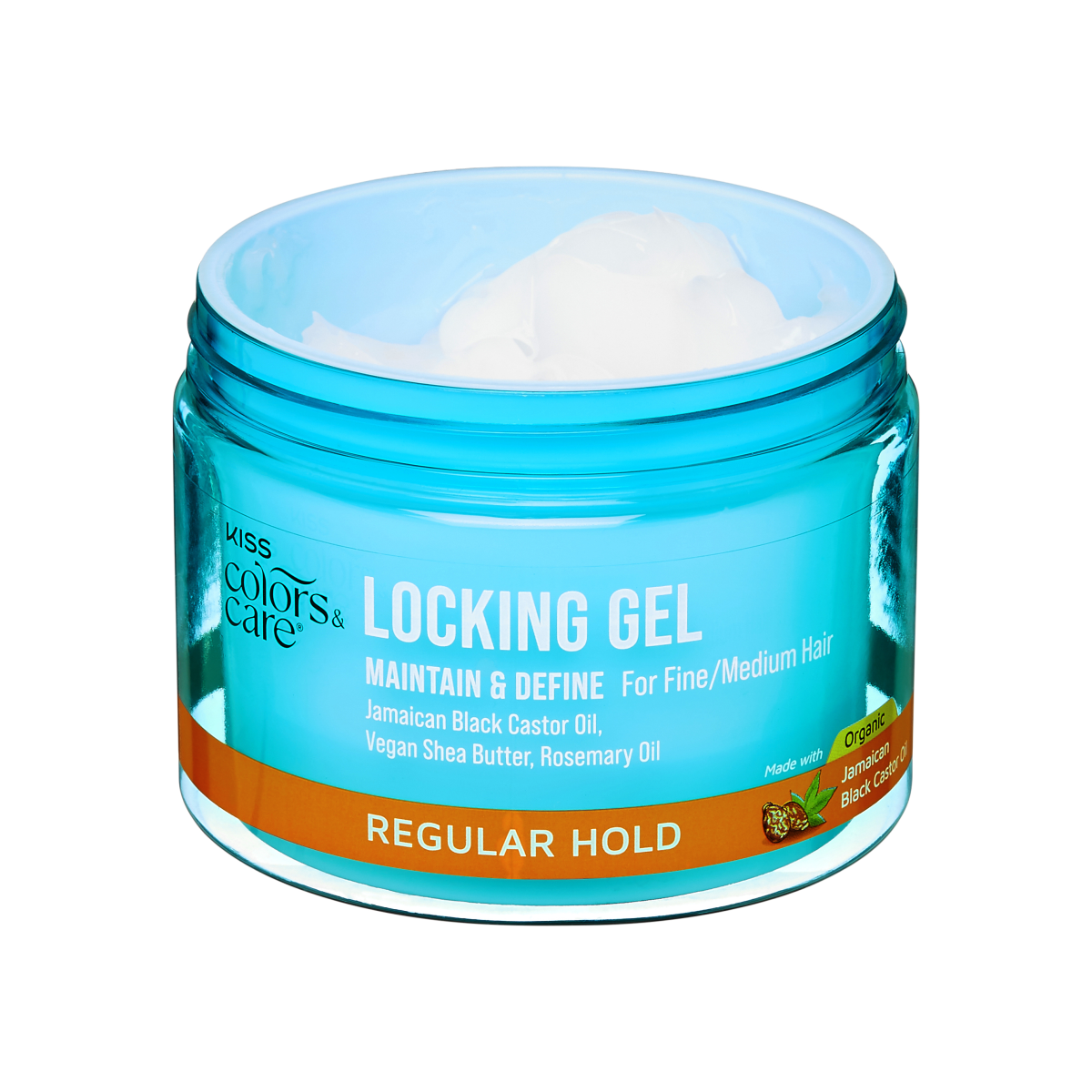 Blue jar of KISS Colors &amp; Care Locking Gel with white gel inside, labeled for maintaining and defining fine/medium hair with regular hold.