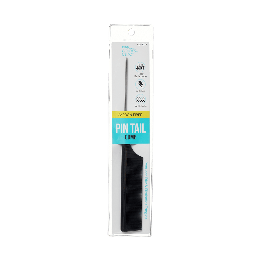 Black KISS Colors &amp; Care professional carbon fiber pin tail comb in clear plastic packaging, labeled heat resistant to 460°F, anti-frizz, and anti-static.