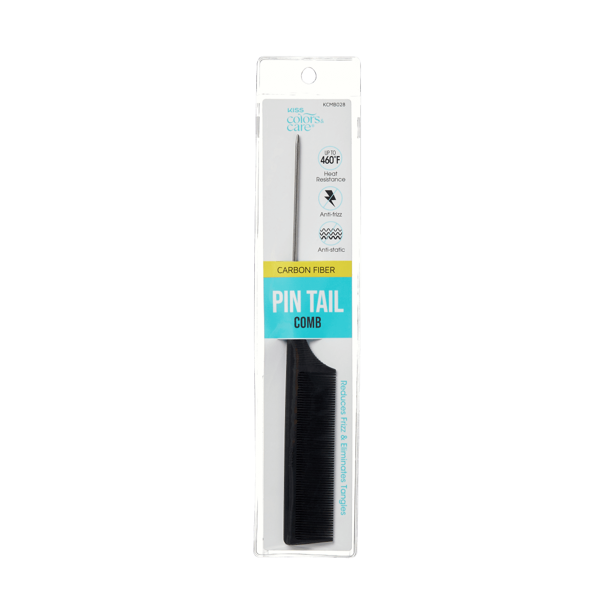 Black KISS Colors &amp; Care professional carbon fiber pin tail comb in clear plastic packaging, labeled heat resistant to 460°F, anti-frizz, and anti-static.