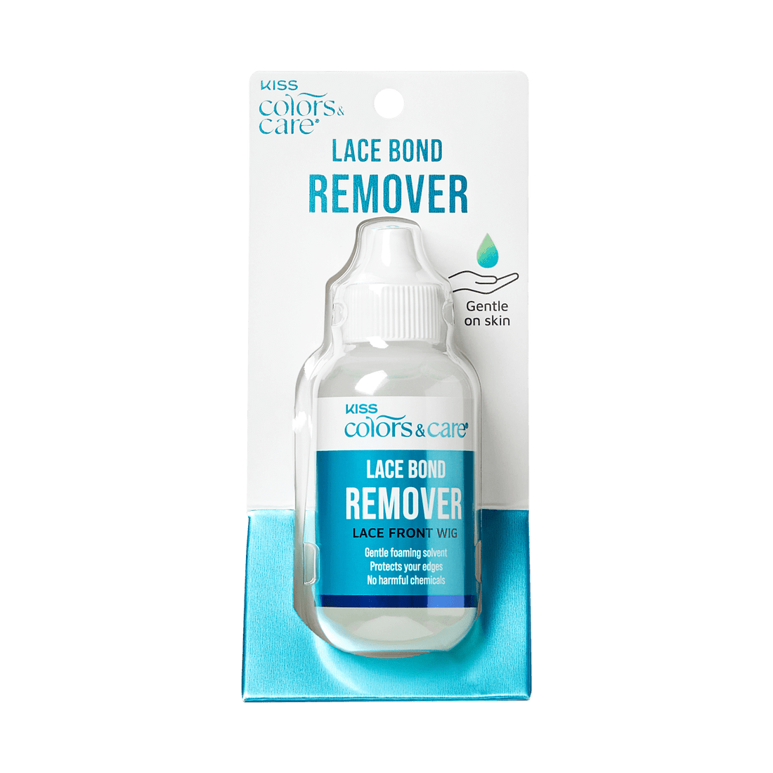 KISS Colors &amp; Care Lace Bond Remover in a small clear bottle with white cap, packaged with white and blue background, labeled as gentle on skin and free of harmful chemicals.