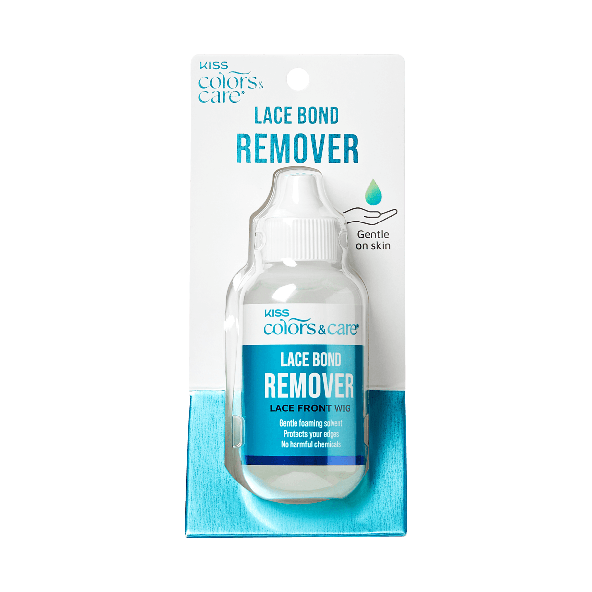 KISS Colors &amp; Care Lace Bond Remover in a small clear bottle with white cap, packaged with white and blue background, labeled as gentle on skin and free of harmful chemicals.