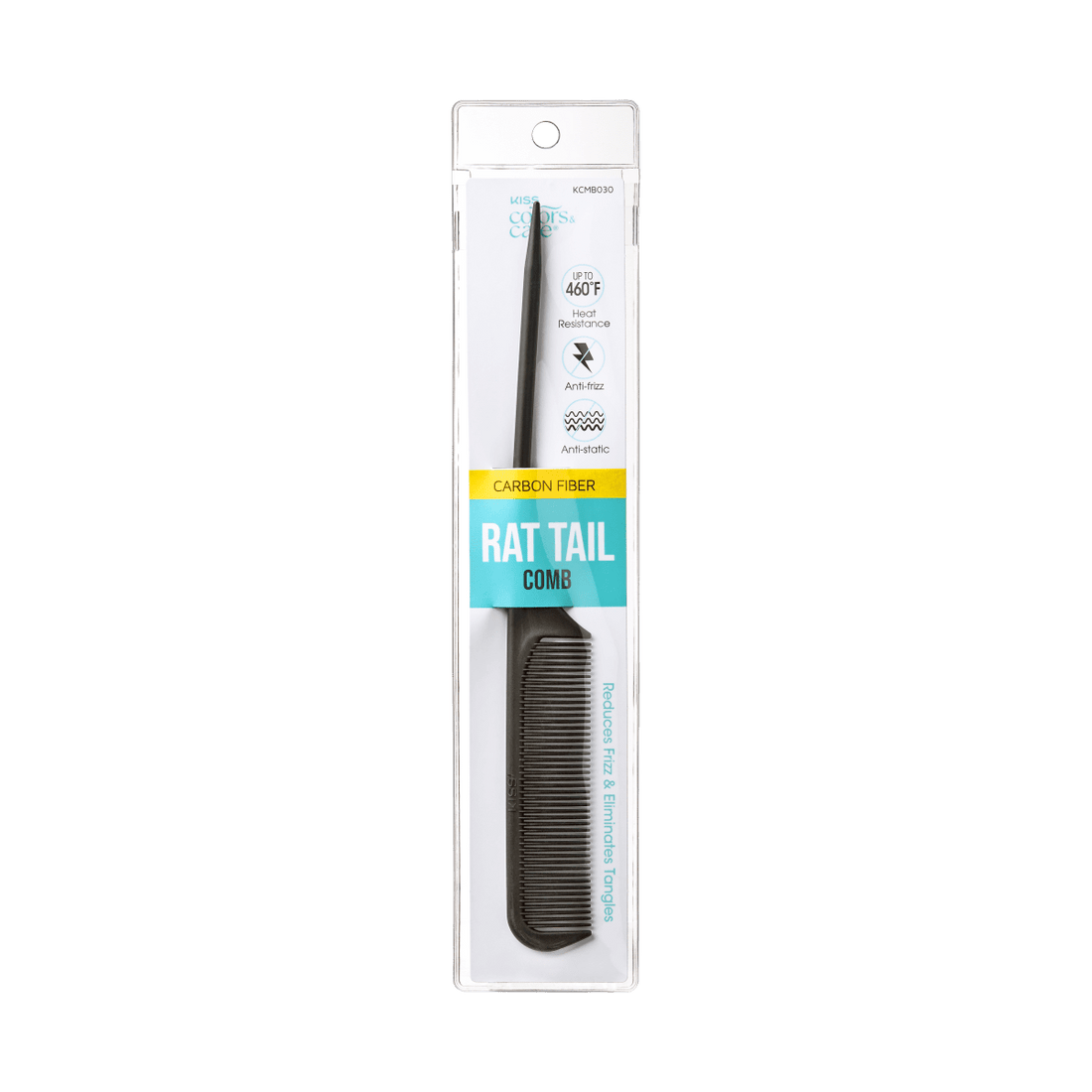 KISS Colors &amp; Care professional black carbon fiber rat tail comb in clear plastic packaging with labels highlighting heat resistance up to 460°F, anti-frizz, anti-static, and frizz reduction.