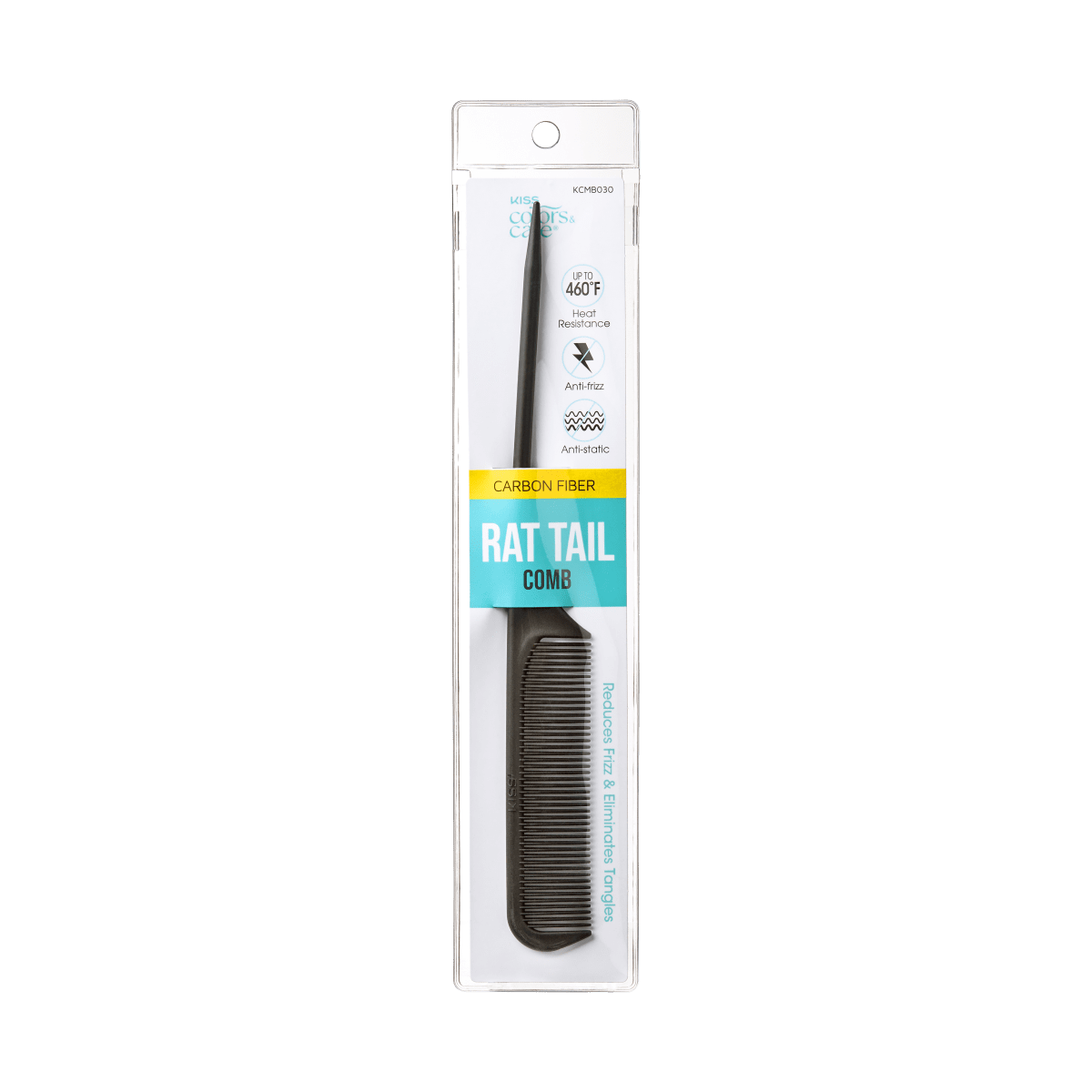 KISS Colors &amp; Care professional black carbon fiber rat tail comb in clear plastic packaging with labels highlighting heat resistance up to 460°F, anti-frizz, anti-static, and frizz reduction.