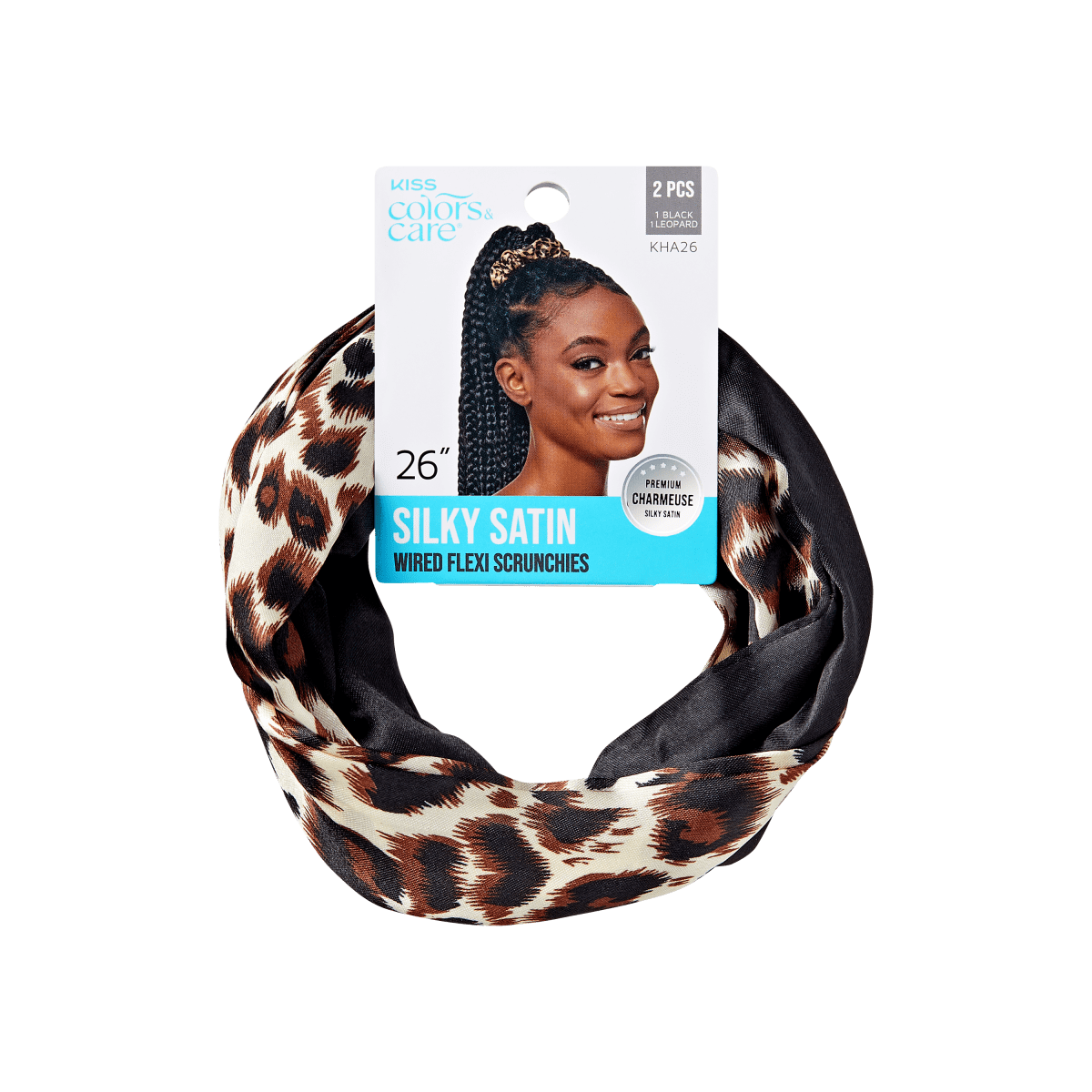 Black and leopard-print silky satin wired scrunchies shown with packaging featuring a smiling woman and text \