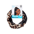 Black and leopard-print silky satin wired scrunchies shown with packaging featuring a smiling woman and text \
