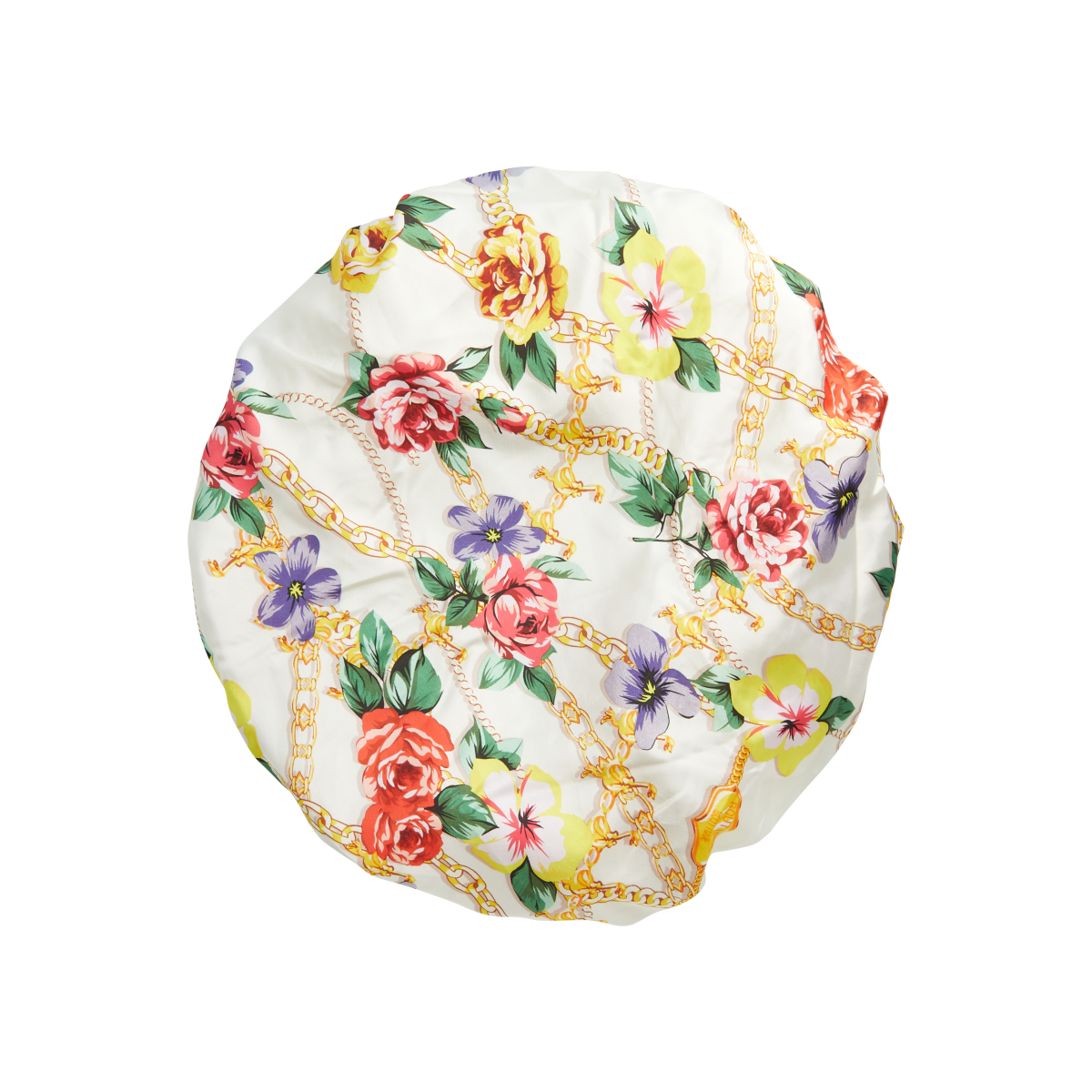 Round, reversible super jumbo hair bonnet made of crepe satin, featuring a white background with colorful floral and gold chain designs.