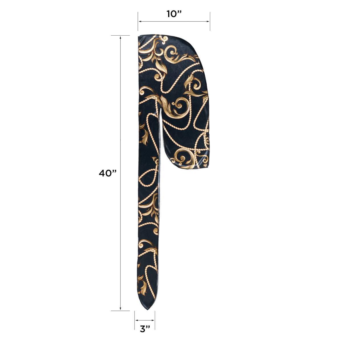 Black silky satin durag with gold ornate swirling chain and leaf patterns, shown flat with dimensions marked: 40\