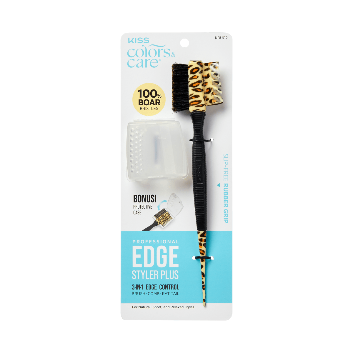 Professional edge styler plus with 3-in-1 edge control brush, comb, and rat tail in leopard print with black slip-free rubber grip, includes clear protective case.