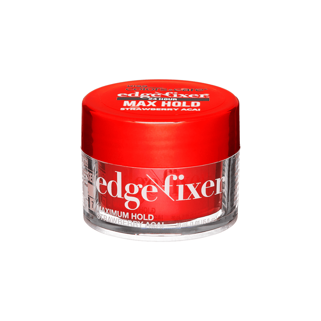 Small clear jar with a red inner container and red lid labeled \
