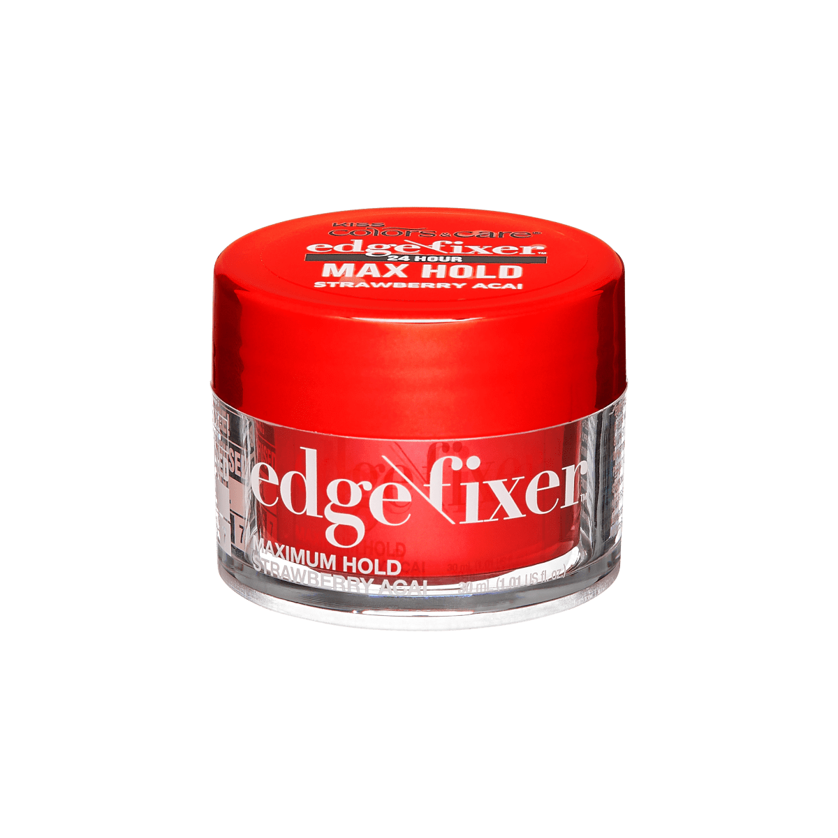Small clear jar with a red inner container and red lid labeled \