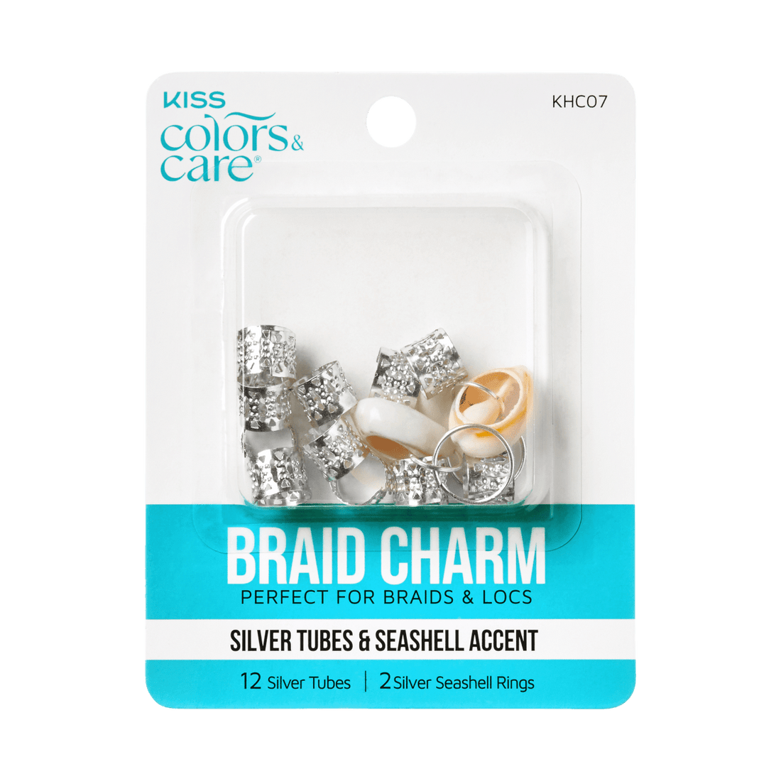 KISS Colors &amp; Care Braid Charm package with 12 silver textured tubes and 2 seashell accent rings, labeled perfect for braids and locs.