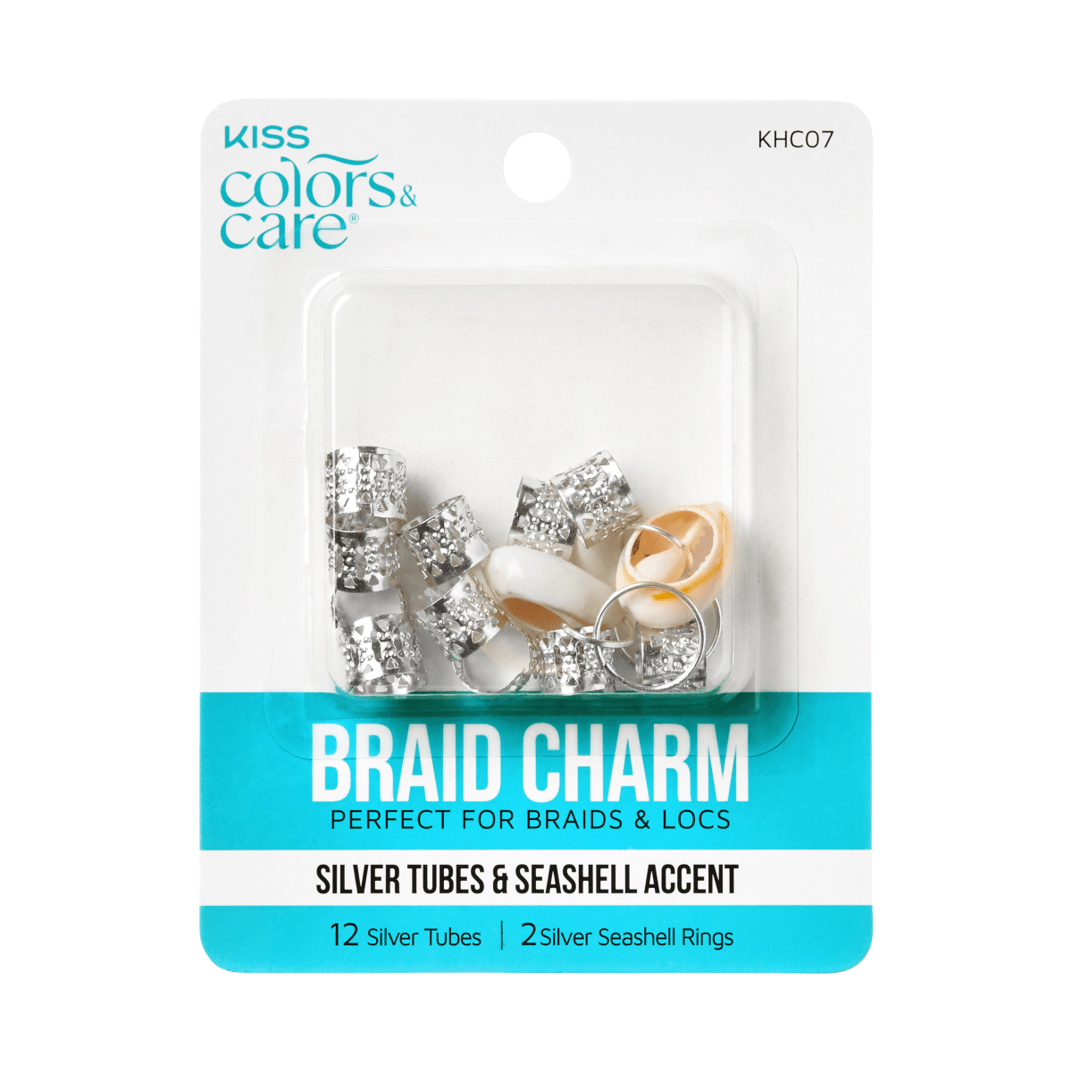KISS Colors &amp; Care Braid Charm package with 12 silver textured tubes and 2 seashell accent rings, labeled perfect for braids and locs.