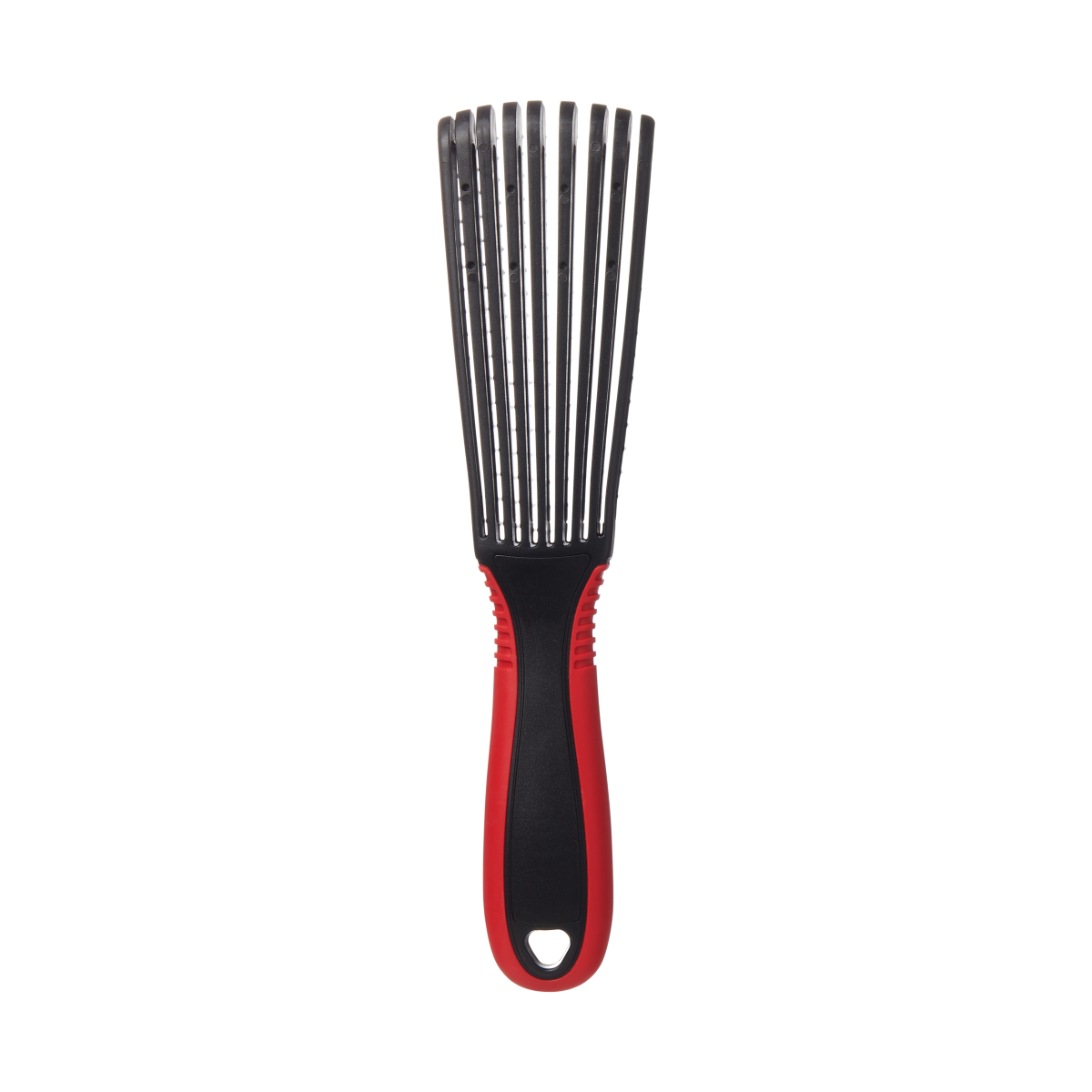 Large KISS Colors &amp; Care detangling hair brush with a flexible black head and a red and black ergonomic handle, shown on a white background.