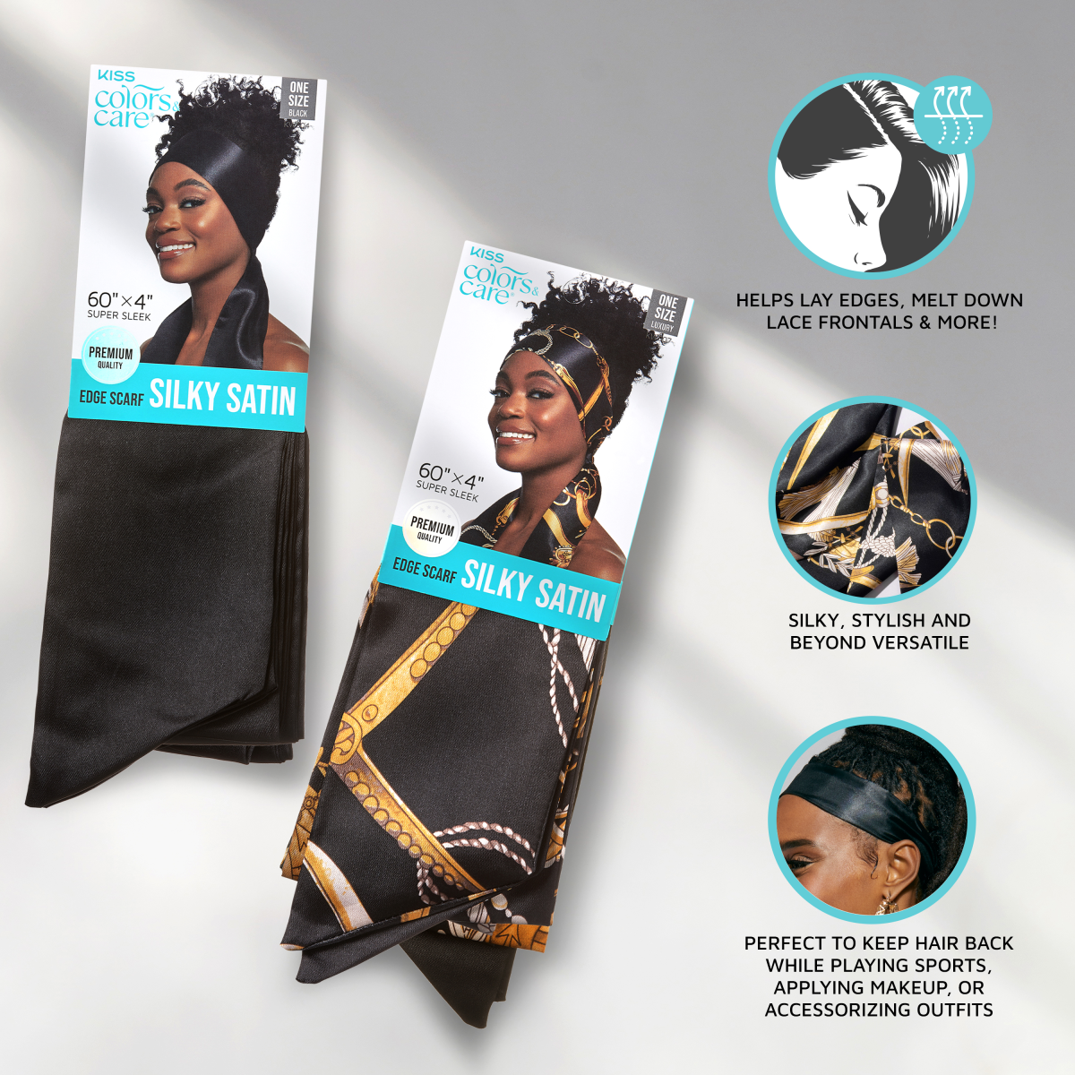 Two KISS Colors &amp; Care Silky Satin Edge Scarves displayed with packaging—one solid black, one black with gold chain print.
