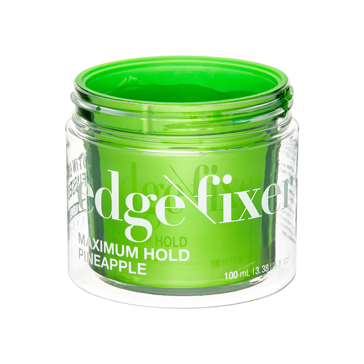 Clear round jar with bright green hair edge fixer gel inside, labeled \