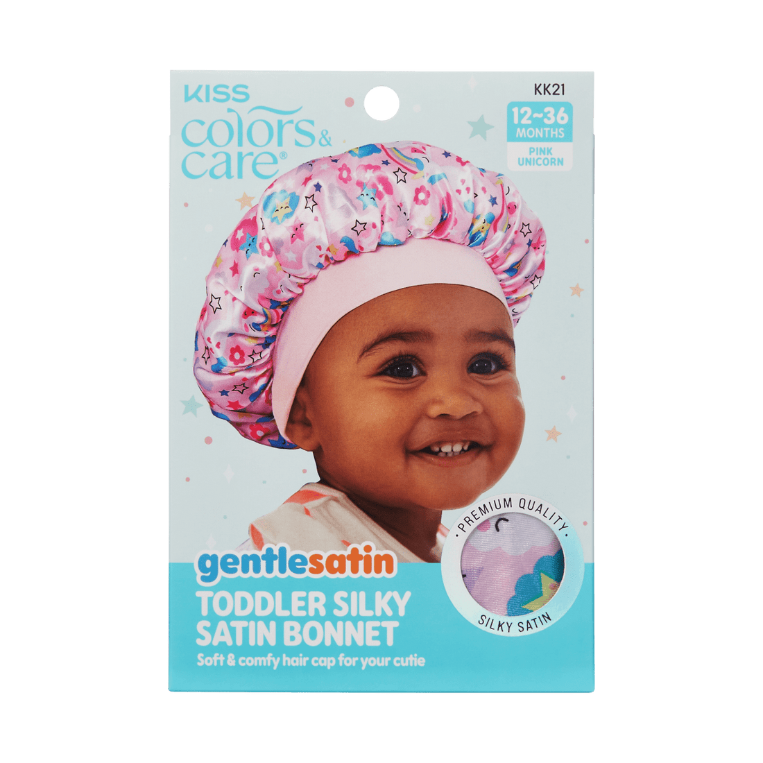 Toddler wearing a pink satin bonnet with colorful unicorn and star patterns; packaging highlights \