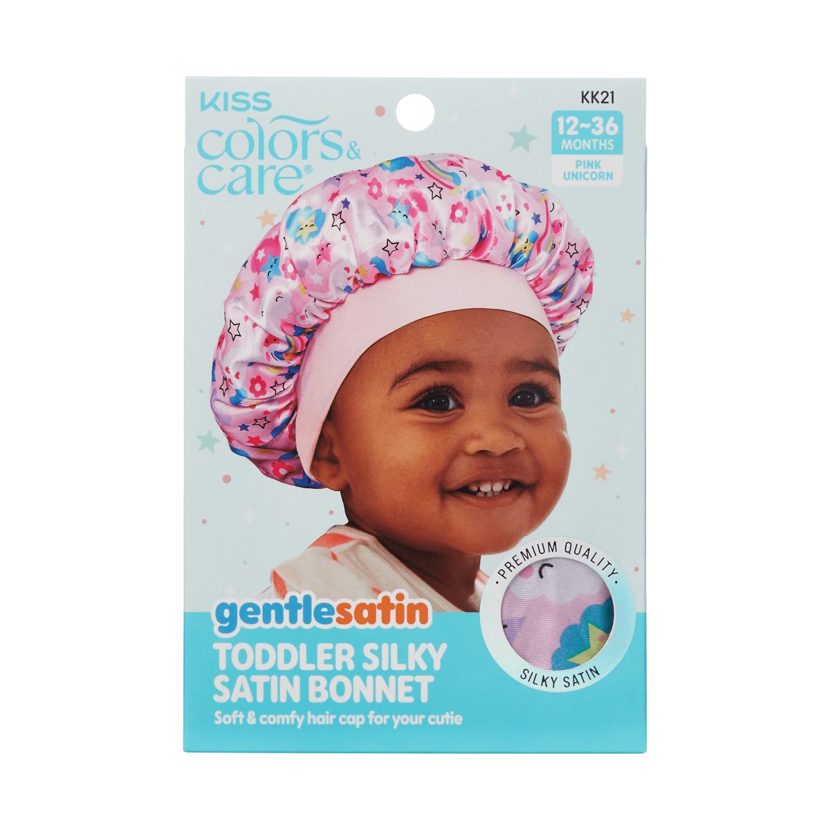 Toddler wearing a pink satin bonnet with colorful unicorn and star patterns; packaging highlights \