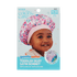 Toddler wearing a pink satin bonnet with colorful unicorn and star patterns; packaging highlights \