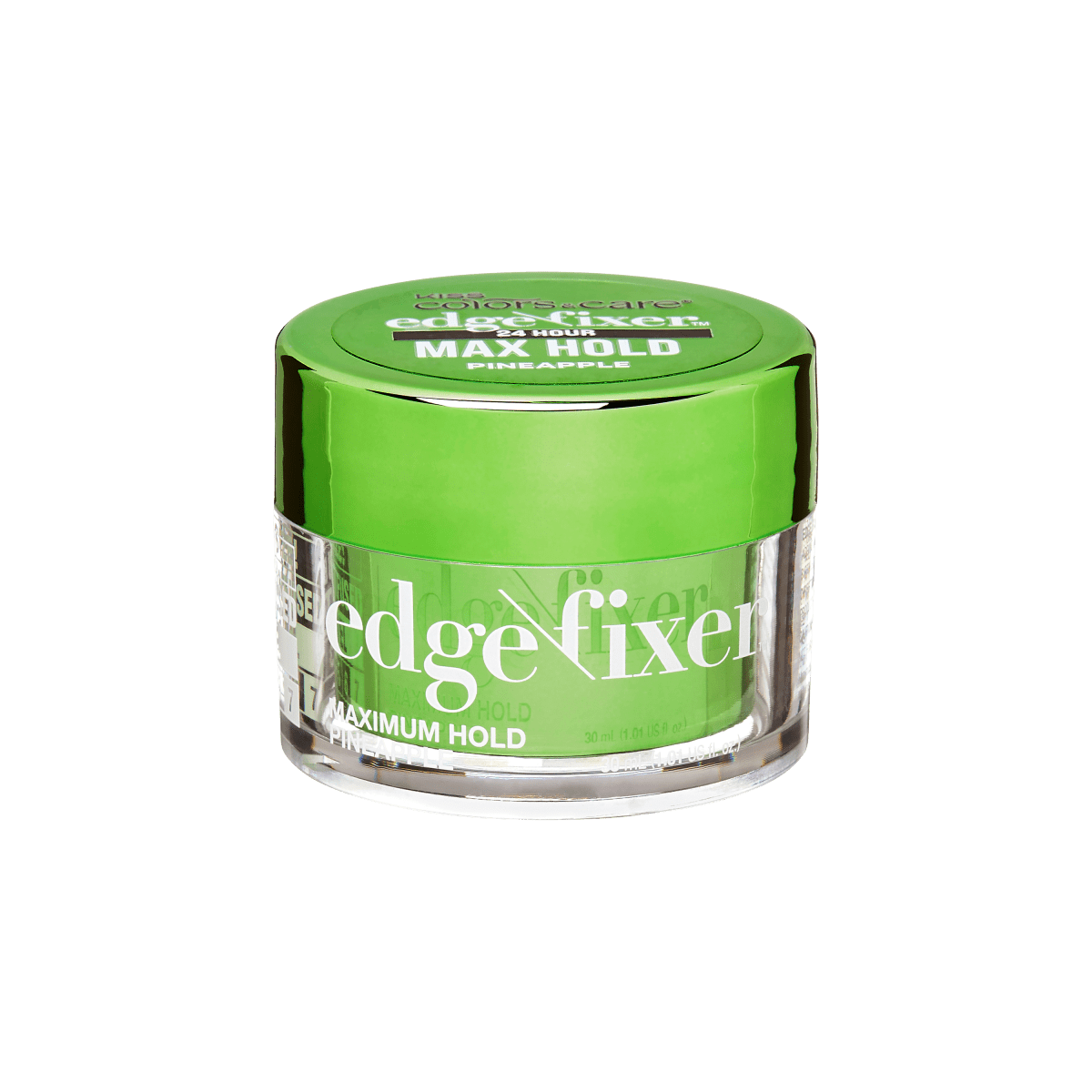 Small clear jar with a shiny green lid containing KISS Colors &amp; Care Edge Fixer for maximum hold, pineapple scent, 30 mL size.