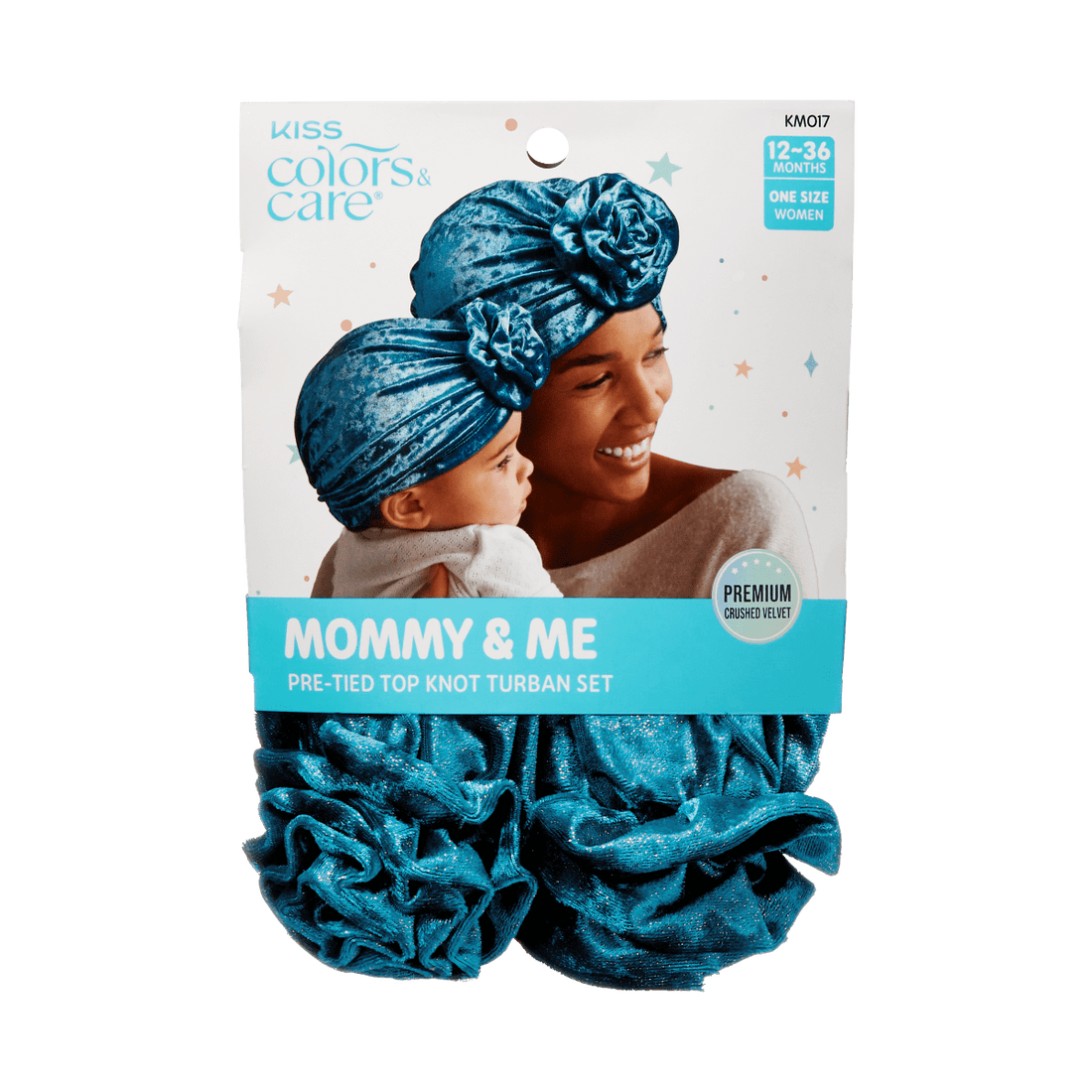 Blue crushed velvet pre-tied top knot turbans for mother and baby shown on packaging with smiling woman holding child, labeled \