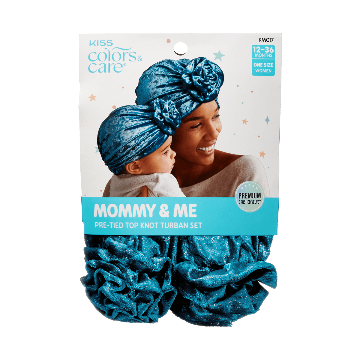 Blue crushed velvet pre-tied top knot turbans for mother and baby shown on packaging with smiling woman holding child, labeled \
