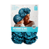 Blue crushed velvet pre-tied top knot turbans for mother and baby shown on packaging with smiling woman holding child, labeled \