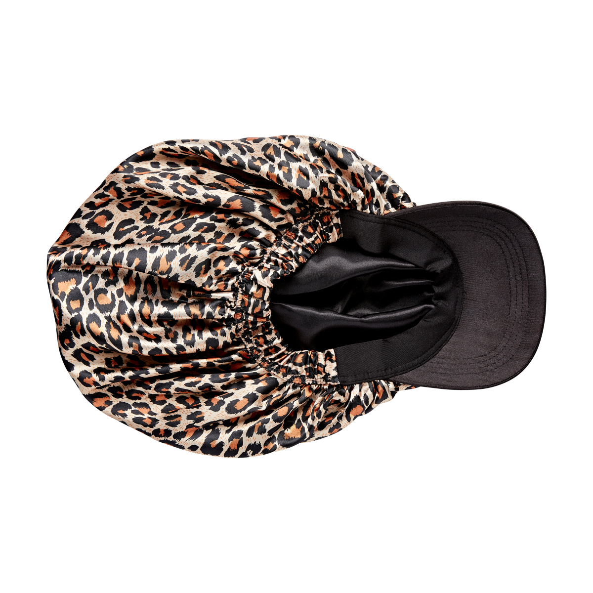 Silky satin bonnet cap with an XL leopard print fabric body and a solid black curved visor, shown from a top-down view on white background.