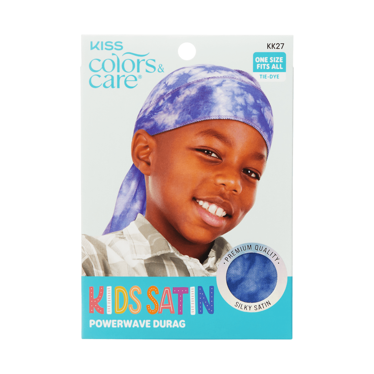Packaging showing a smiling child wearing a purple and white tie-dye silky satin durag. Text highlights \