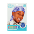 Packaging showing a smiling child wearing a purple and white tie-dye silky satin durag. Text highlights \