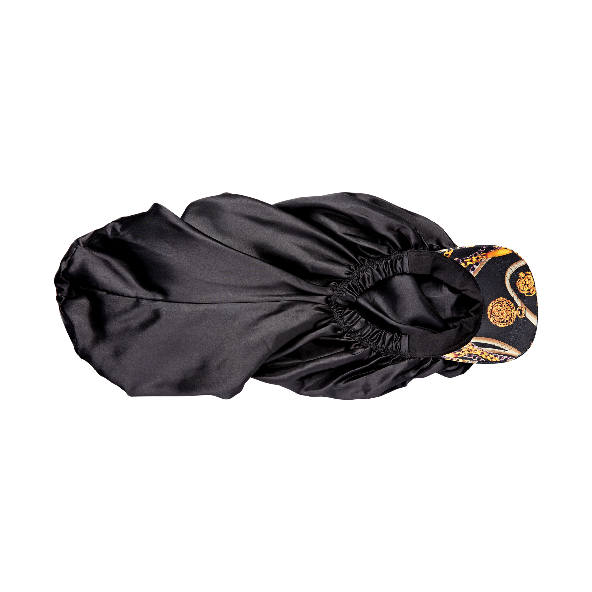 Black silky satin bonnet cap with a wide visor featuring a black, gold, and purple chain and medallion pattern, shown from above.