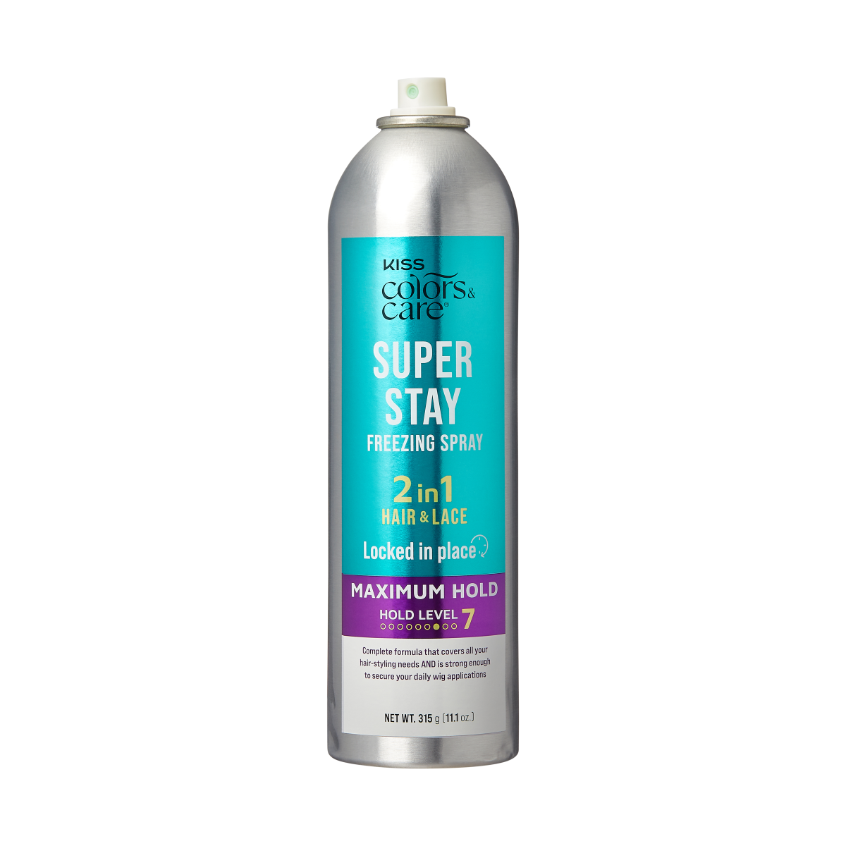 Silver aerosol can with a teal label for KISS Colors &amp; Care Super Stay Freezing Spray, 2-in-1 for hair and lace, maximum hold level 7, 11.1 oz.