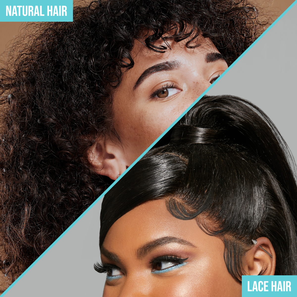 Split image showing close-ups of two different hairstyles: a woman with natural curly hair on the top left labeled \