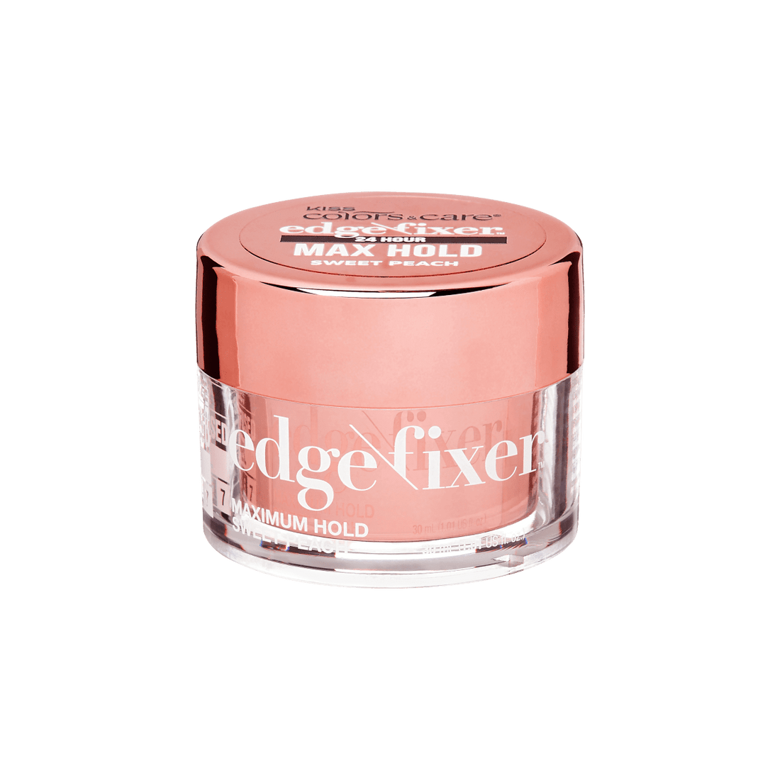 Clear round container with a shiny peach-colored lid, labeled \