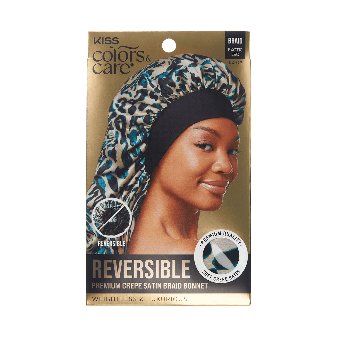 Gold packaging showing a smiling woman wearing a reversible crepe satin braid bonnet with an exotic leopard print. Text highlights \