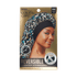 Gold packaging showing a smiling woman wearing a reversible crepe satin braid bonnet with an exotic leopard print. Text highlights \