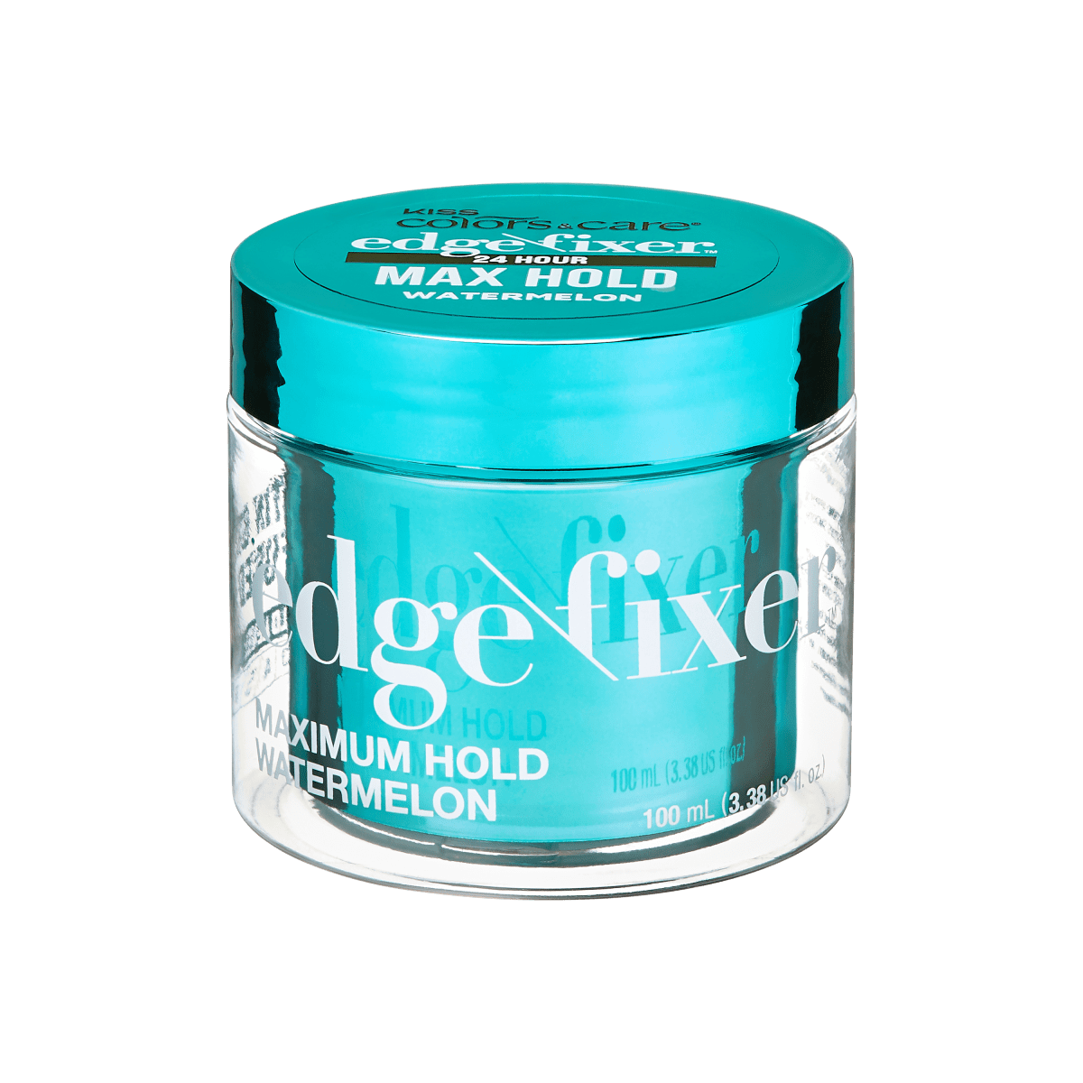 Clear round jar with a shiny turquoise lid containing KISS Colors &amp; Care Edge Fixer, labeled for maximum hold and watermelon scent, 100 mL size.