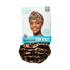 KISS Colors & Care leopard print pre-tied turban top knot packaging, featuring a smiling model wearing the headwrap, labeled super soft, stretchy, one size fits all.