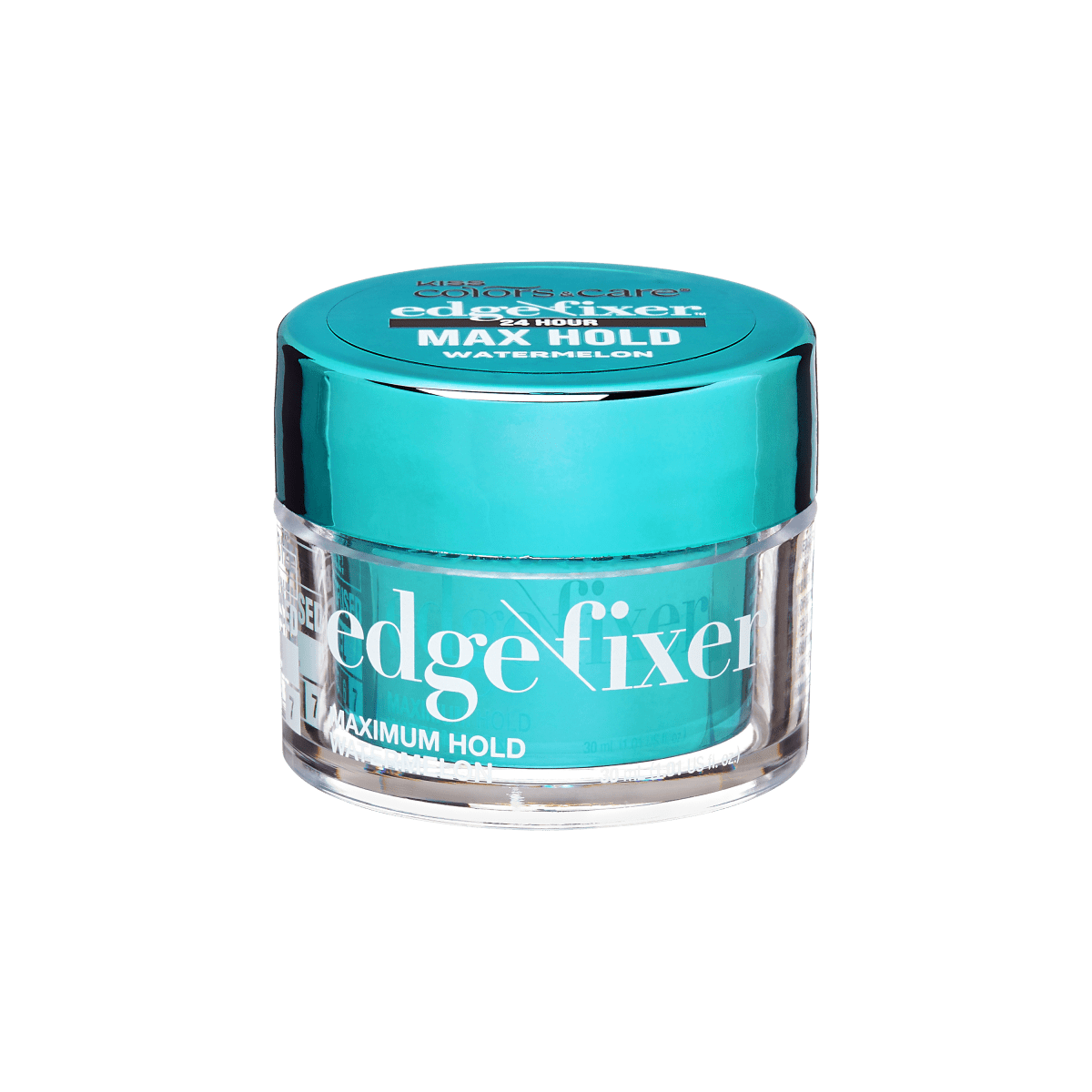 Small clear jar with a shiny turquoise lid containing KISS Colors &amp; Care Edge Fixer for maximum hold, watermelon scent, 30mL.