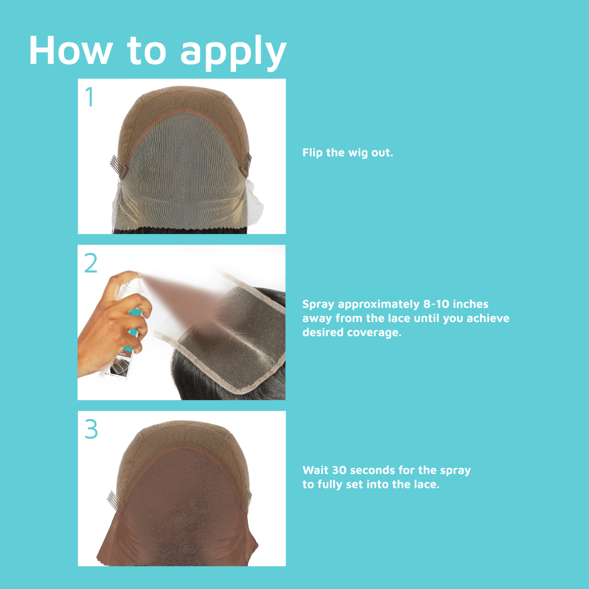 Step-by-step application guide showing a lace wig flipped out, hand spraying KISS Lace Tinting Spray from 8-10 inches, and lace color darkening after 30 seconds.