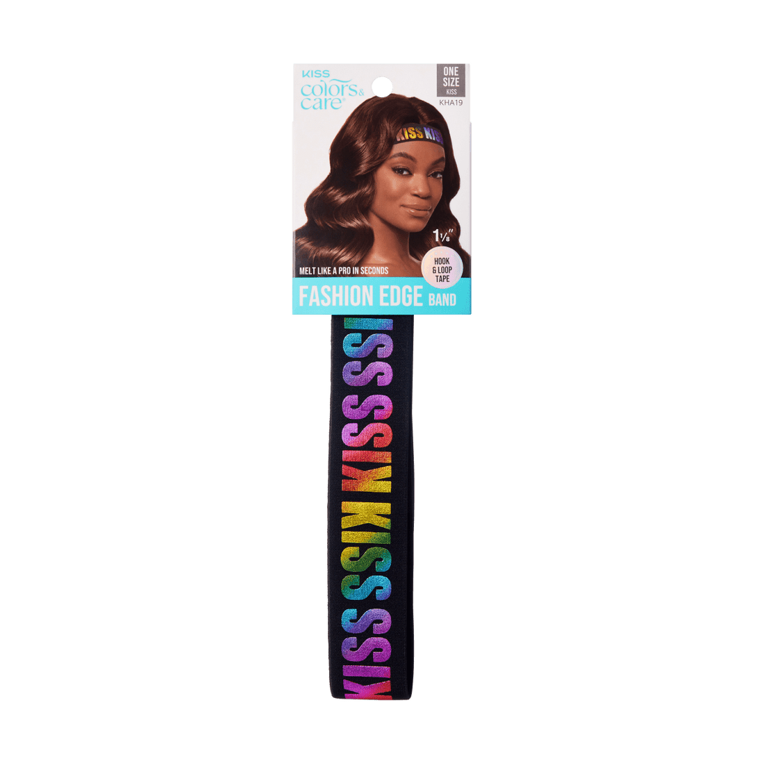KISS Colors &amp; Care Perfect Melt Elastic Band packaging with a model wearing a rainbow-gradient \