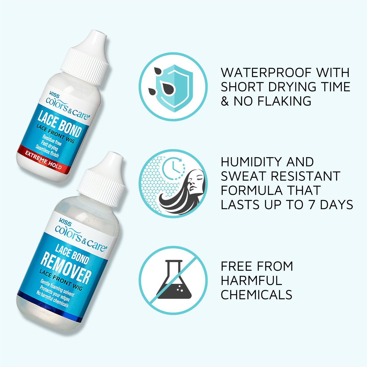 Two white-capped bottles labeled KISS Colors &amp; Care Lace Bond Glue and Remover for lace front wigs, with text highlighting waterproof, fast-drying, no flaking, sweat-resistant formula lasting up to 7 days, and free from harmful chemicals.