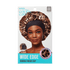 Packaging featuring a woman wearing a wide-edge leopard print satin hair cap with black inner lining; text highlights reversible design and premium charmeuse silky satin.