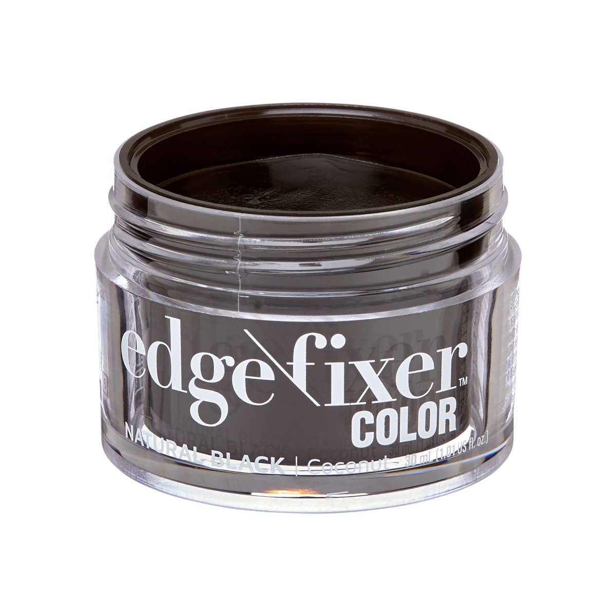 Small open jar of KISS Colors &amp; Care Edge Fixer Color in natural black, showing a dark tinted product inside. Label highlights \