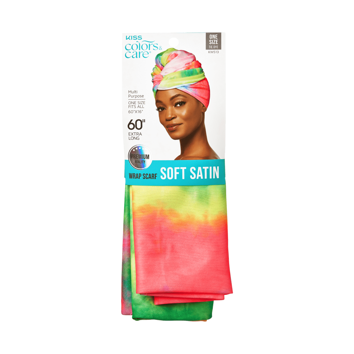 Multi-purpose KISS wrap scarf in soft satin, tie-dye colors of pink, green, and yellow, 60\
