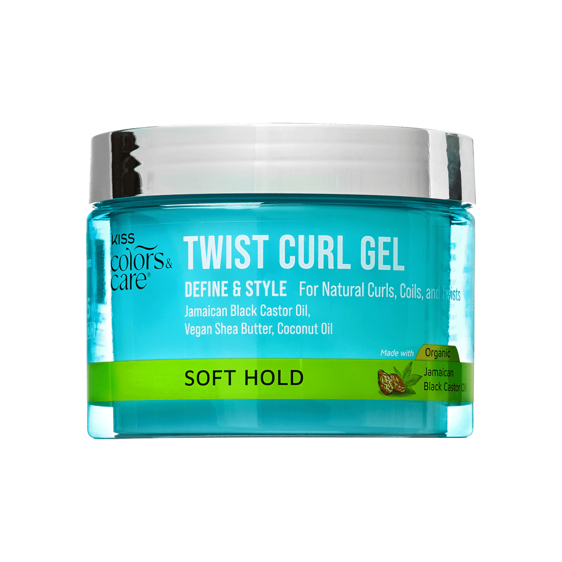Blue translucent jar of KISS Colors &amp; Care Twist Curl Gel with silver lid, labeled for defining natural curls, coils, and twists with soft hold and organic Jamaican black castor oil.