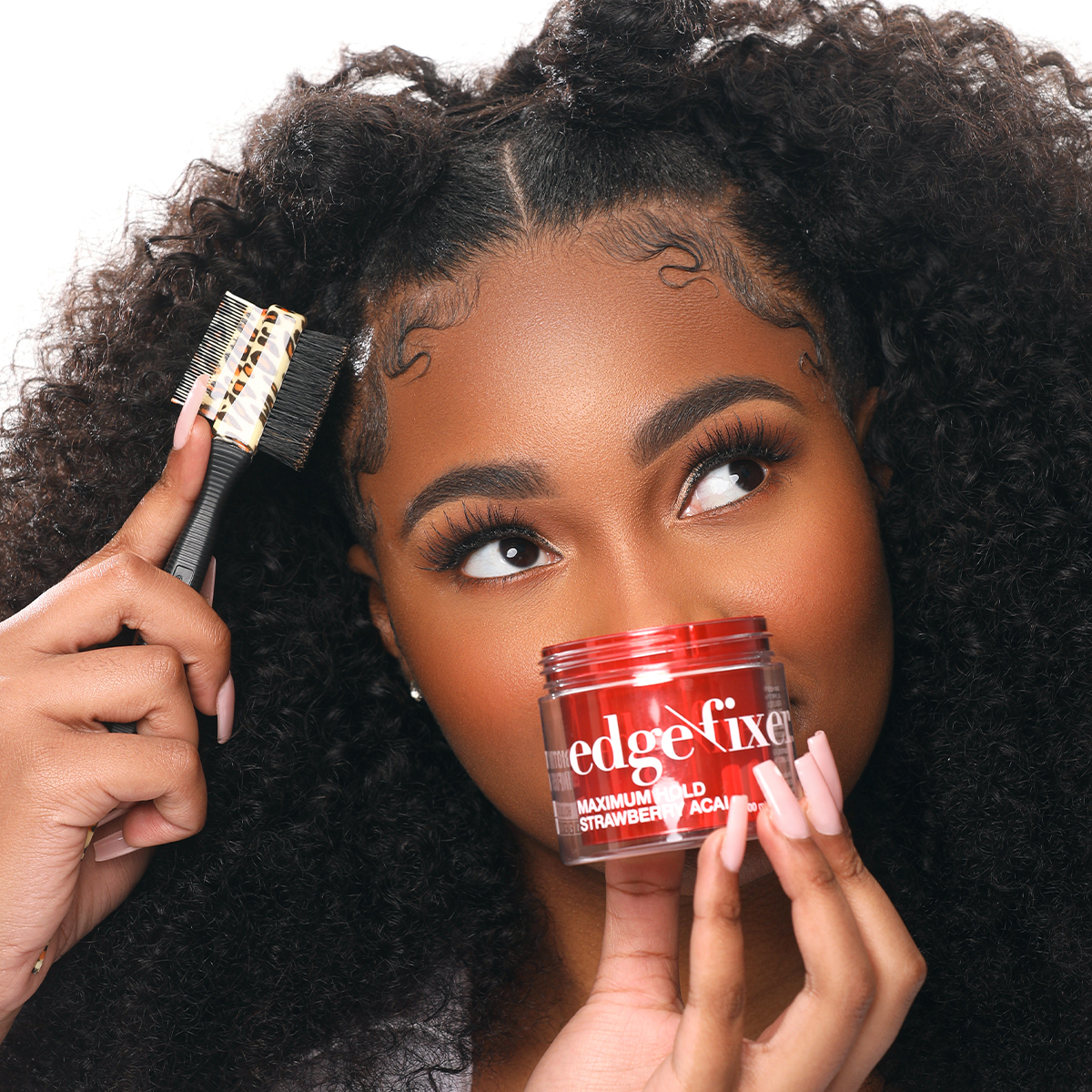 Woman holding a red jar of edge fixer labeled \