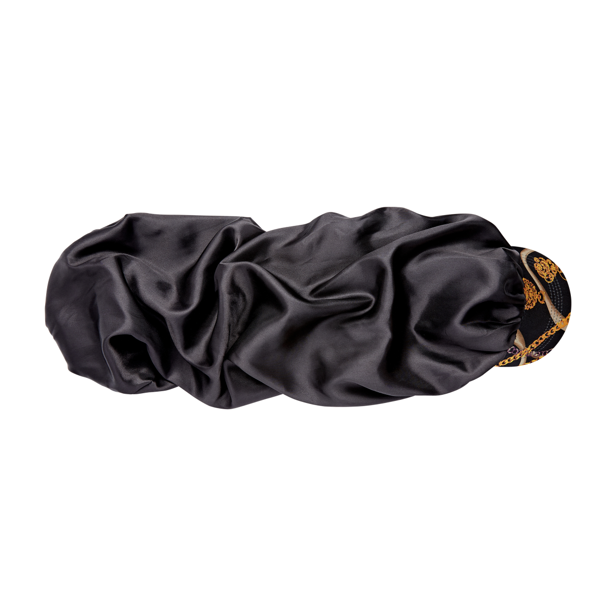 Black silky satin bonnet cap with a curved visor featuring a black background and golden chain and braid pattern, shown flat on a white background.